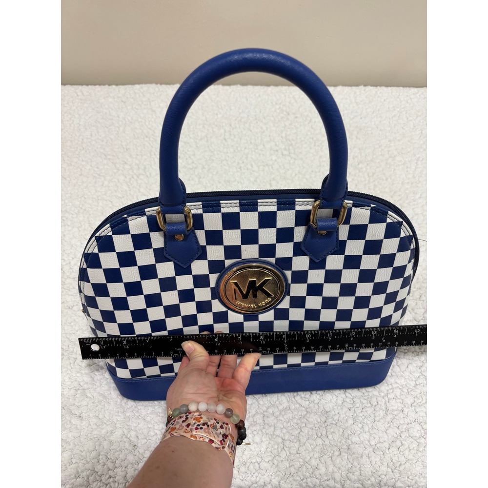 Michael Kors Womens Blue White Checkered Satchel Handbag Purse Vintage Casual - Picture 5 of 8